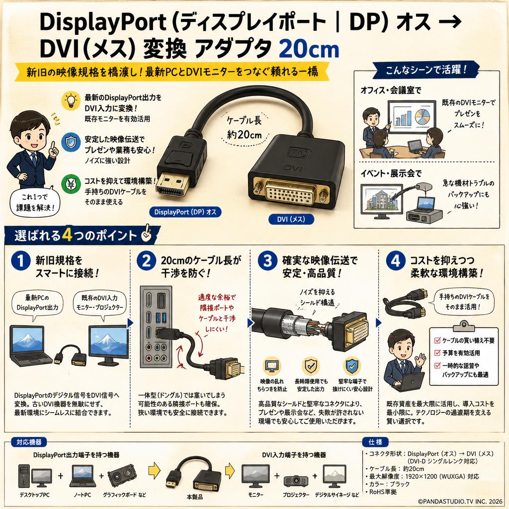 DisplayPort ( ディスプレイポート | DP ) オス → DVI (メス) 変換 アダプタ 20cm 概要