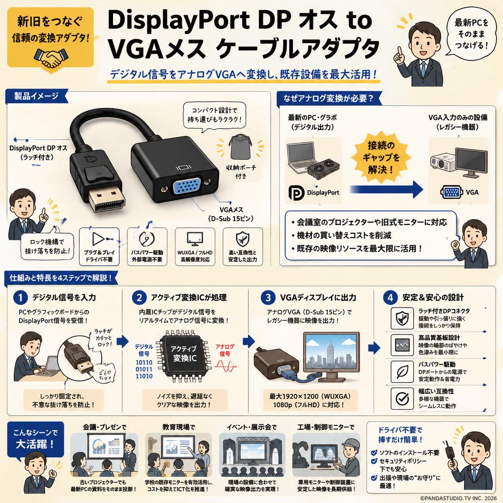 DisplayPort DP オス to VGAメス ケーブルアダプタ 概要