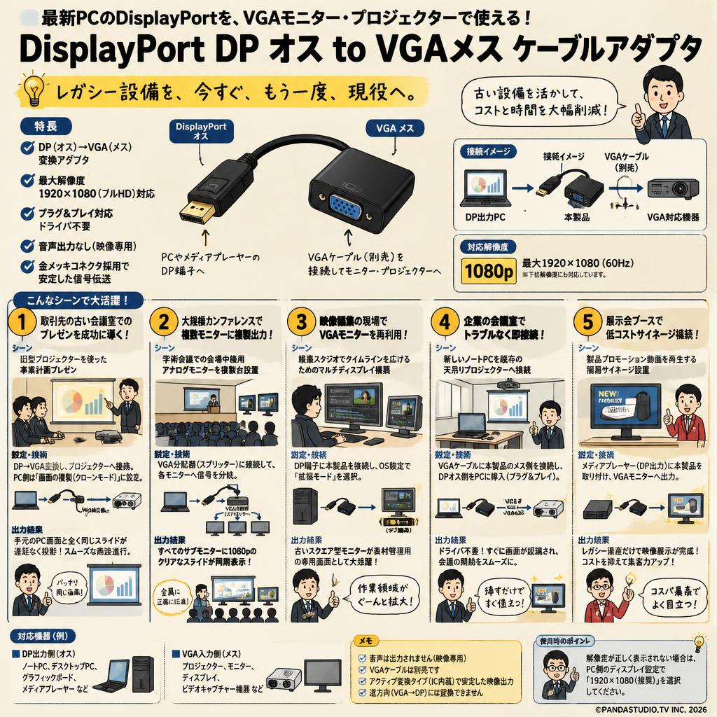 DisplayPort DP オス to VGAメス ケーブルアダプタ 用途