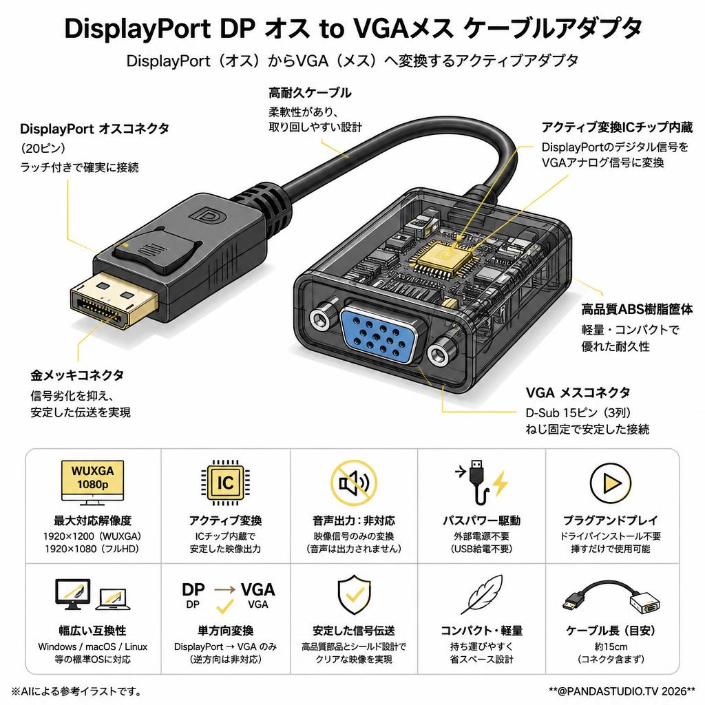 DisplayPort DP オス to VGAメス ケーブルアダプタ スペック