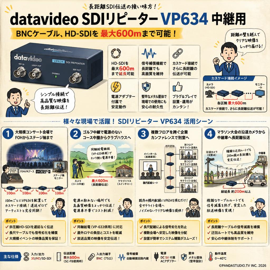 datavideo SDIリピーター VP634 中継用（BNCケーブル、HD-SDIを最大600ｍまで可能） 用途