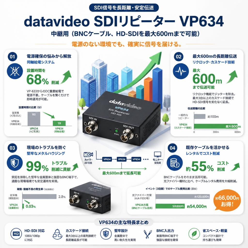 datavideo SDIリピーター VP634 中継用（BNCケーブル、HD-SDIを最大600ｍまで可能） セールスポイント
