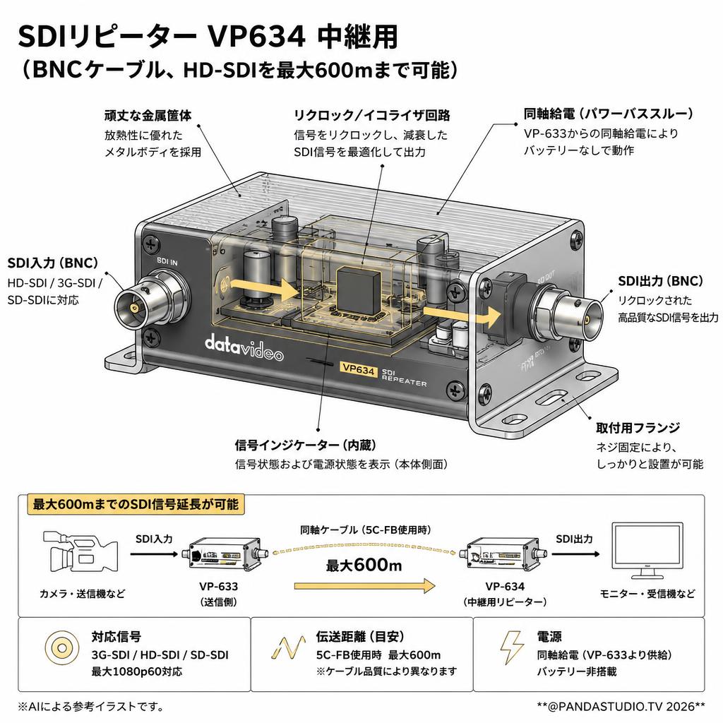 datavideo SDIリピーター VP634 中継用（BNCケーブル、HD-SDIを最大600ｍまで可能） スペック