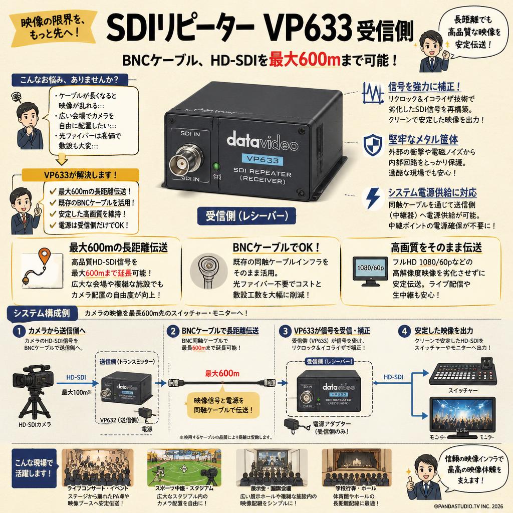 datavideo SDIリピーター VP633 受信側（BNCケーブル、HD-SDIを最大600ｍまで可能） 概要