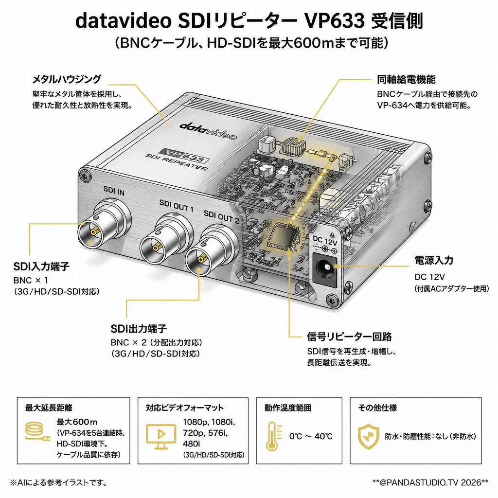datavideo SDIリピーター VP633 受信側（BNCケーブル、HD-SDIを最大600ｍまで可能） スペック