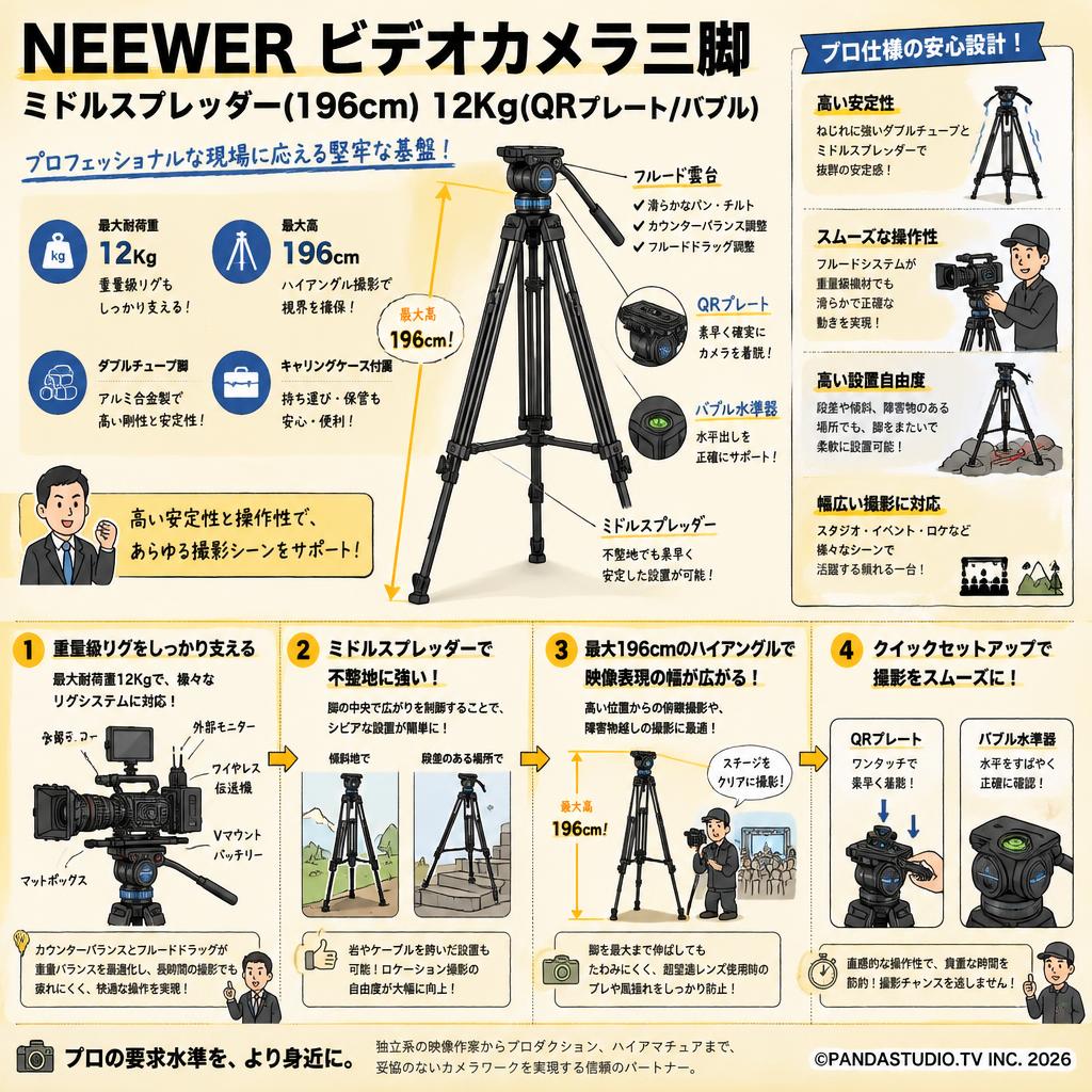 NEEWER ビデオカメラ三脚 ミドルスプレッダー(196cm) 12Kg(QRプレート/バブル) 概要