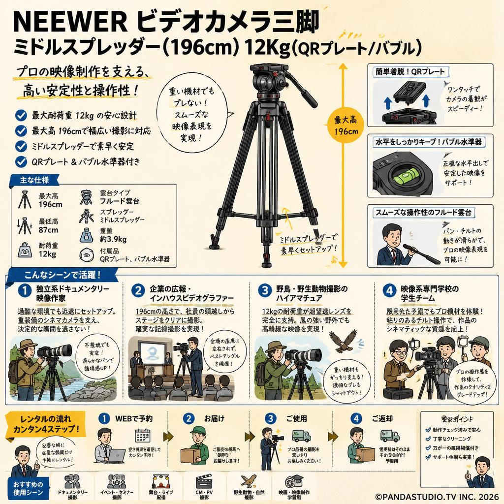 NEEWER ビデオカメラ三脚 ミドルスプレッダー(196cm) 12Kg(QRプレート/バブル) おもな対象のお客様
