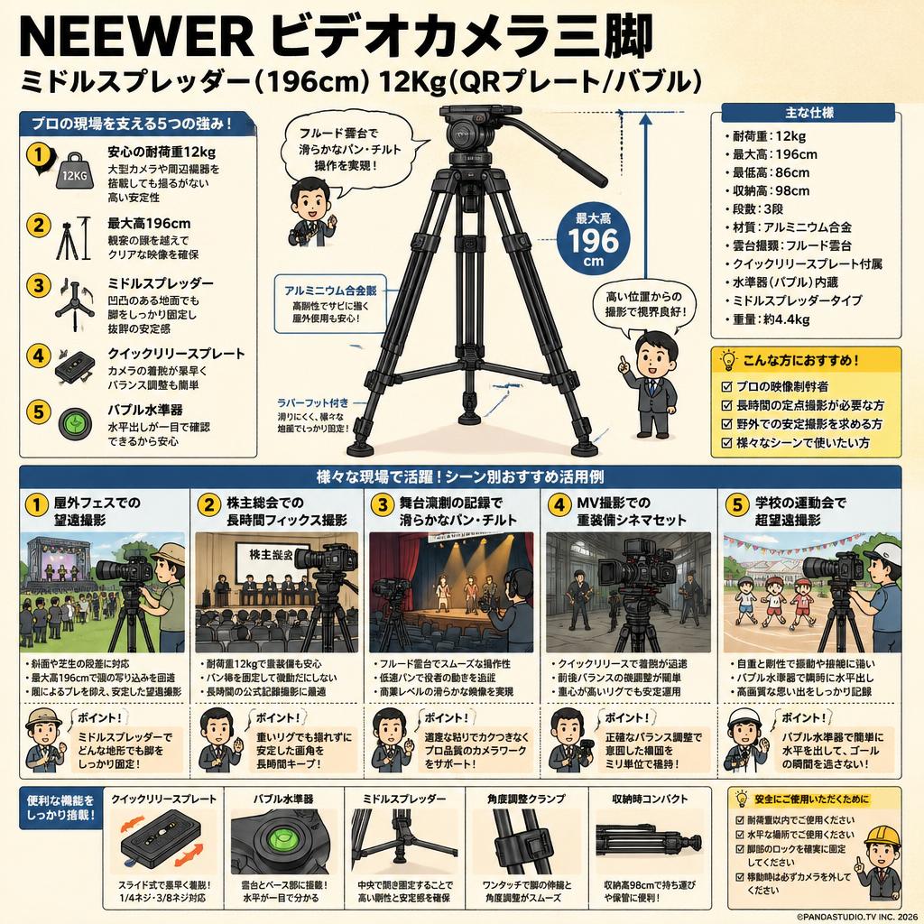 NEEWER ビデオカメラ三脚 ミドルスプレッダー(196cm) 12Kg(QRプレート/バブル) 用途