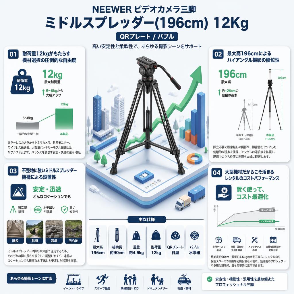 NEEWER ビデオカメラ三脚 ミドルスプレッダー(196cm) 12Kg(QRプレート/バブル) セールスポイント