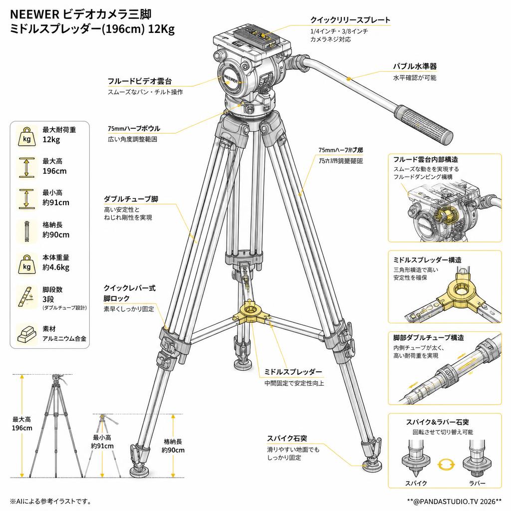 NEEWER ビデオカメラ三脚 ミドルスプレッダー(196cm) 12Kg(QRプレート/バブル) スペック