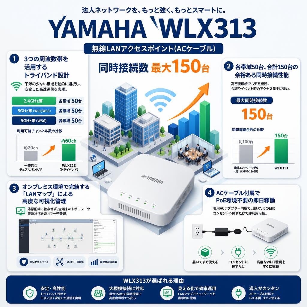 YAMAHA WLX313 無線LANアクセスポイント(ACケーブル) 同時接続数 最大