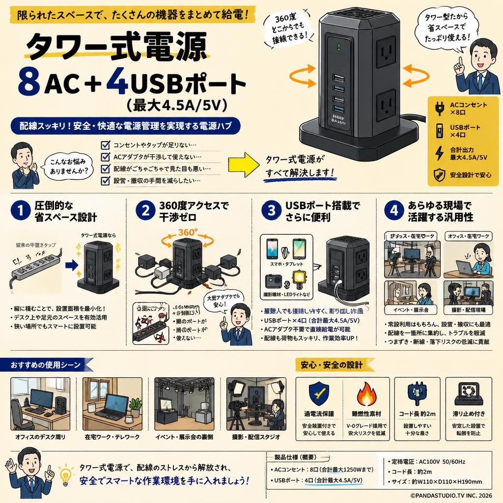 タワー式電源 8AC＋4USBポート（最大4.5A/5V） 概要