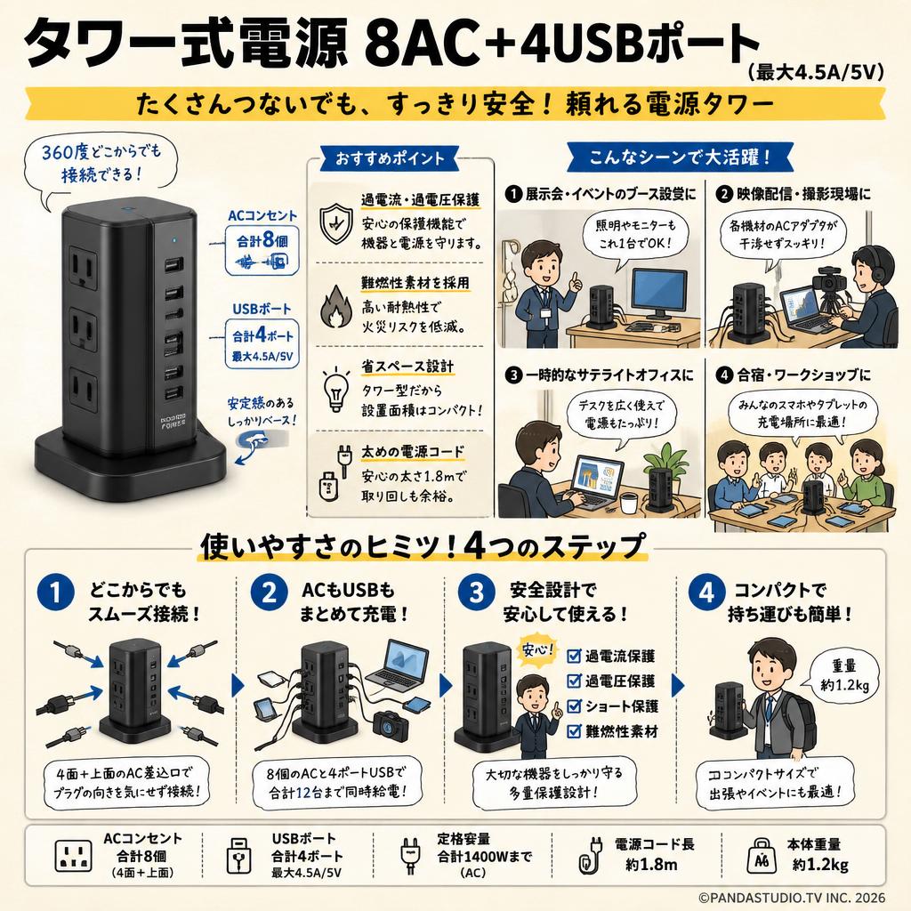 タワー式電源 8AC＋4USBポート（最大4.5A/5V） おもな対象のお客様
