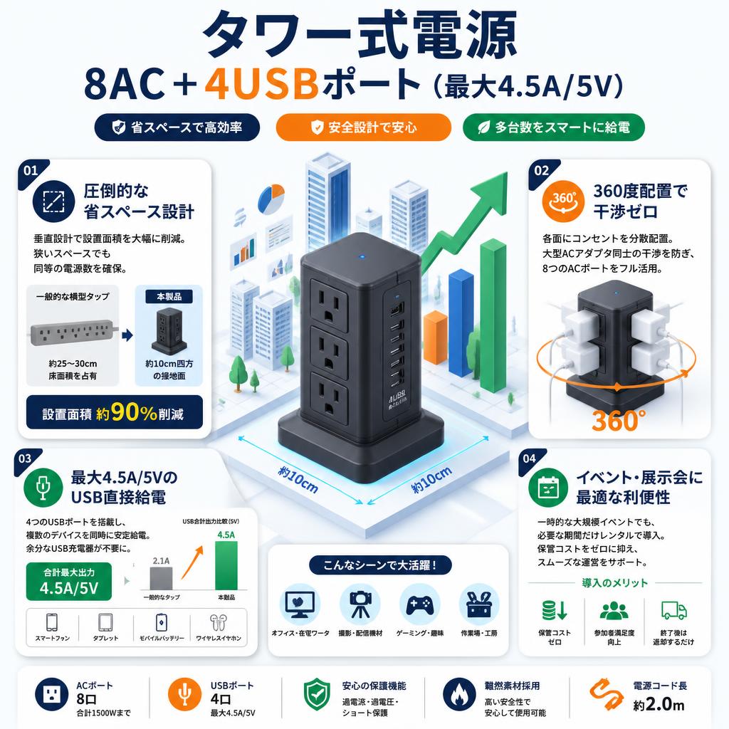 タワー式電源 8AC＋4USBポート（最大4.5A/5V） セールスポイント