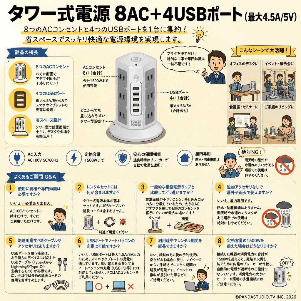 タワー式電源 8AC＋4USBポート（最大4.5A/5V） FAQ（よくある質問と答え）