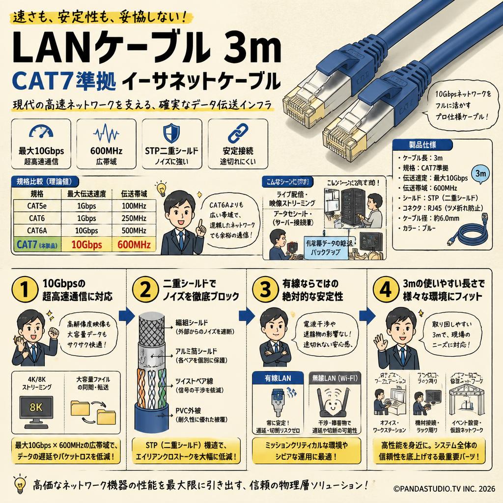 LANケーブル 3m CAT7準拠 イーサネットケーブル 概要