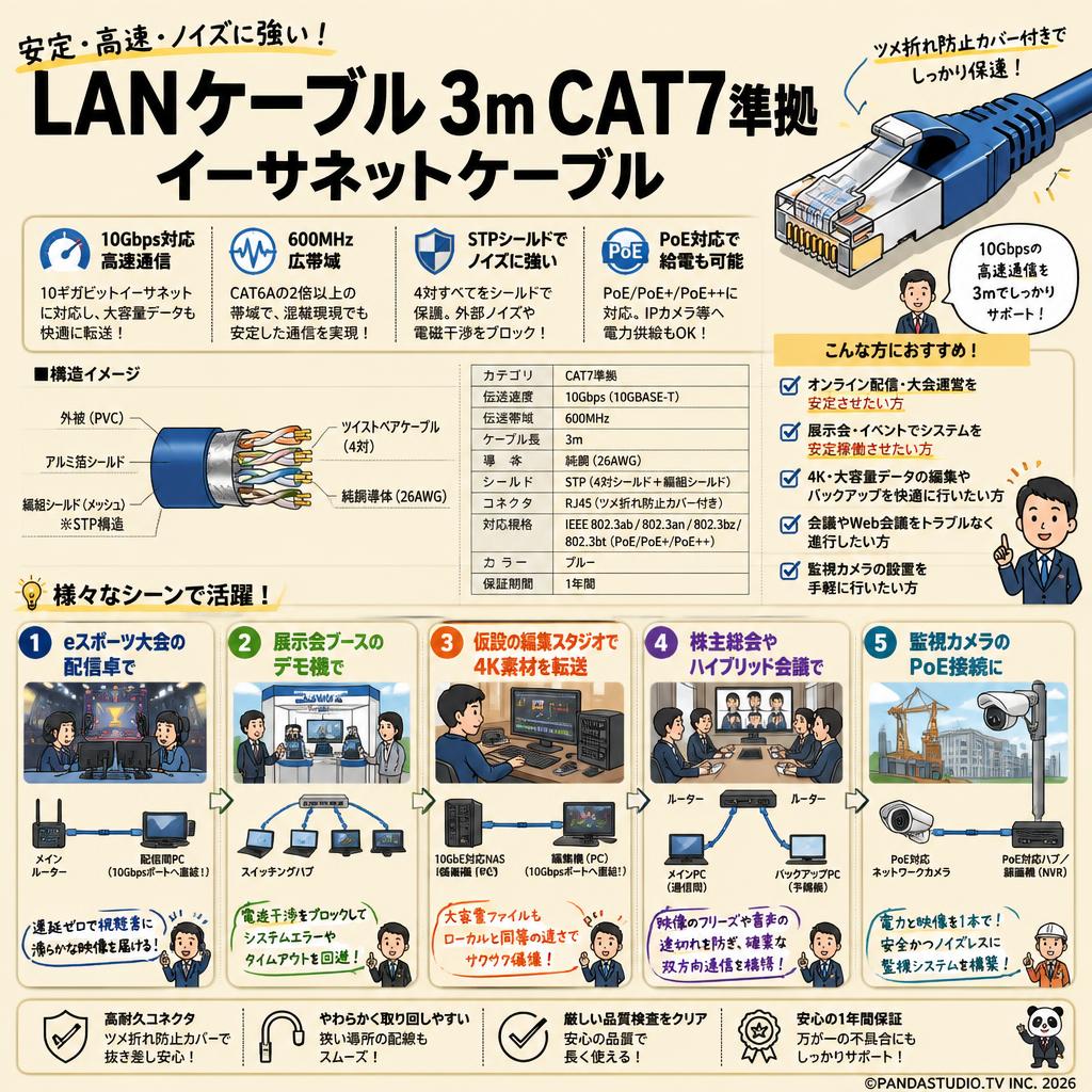 LANケーブル 3m CAT7準拠 イーサネットケーブル 用途