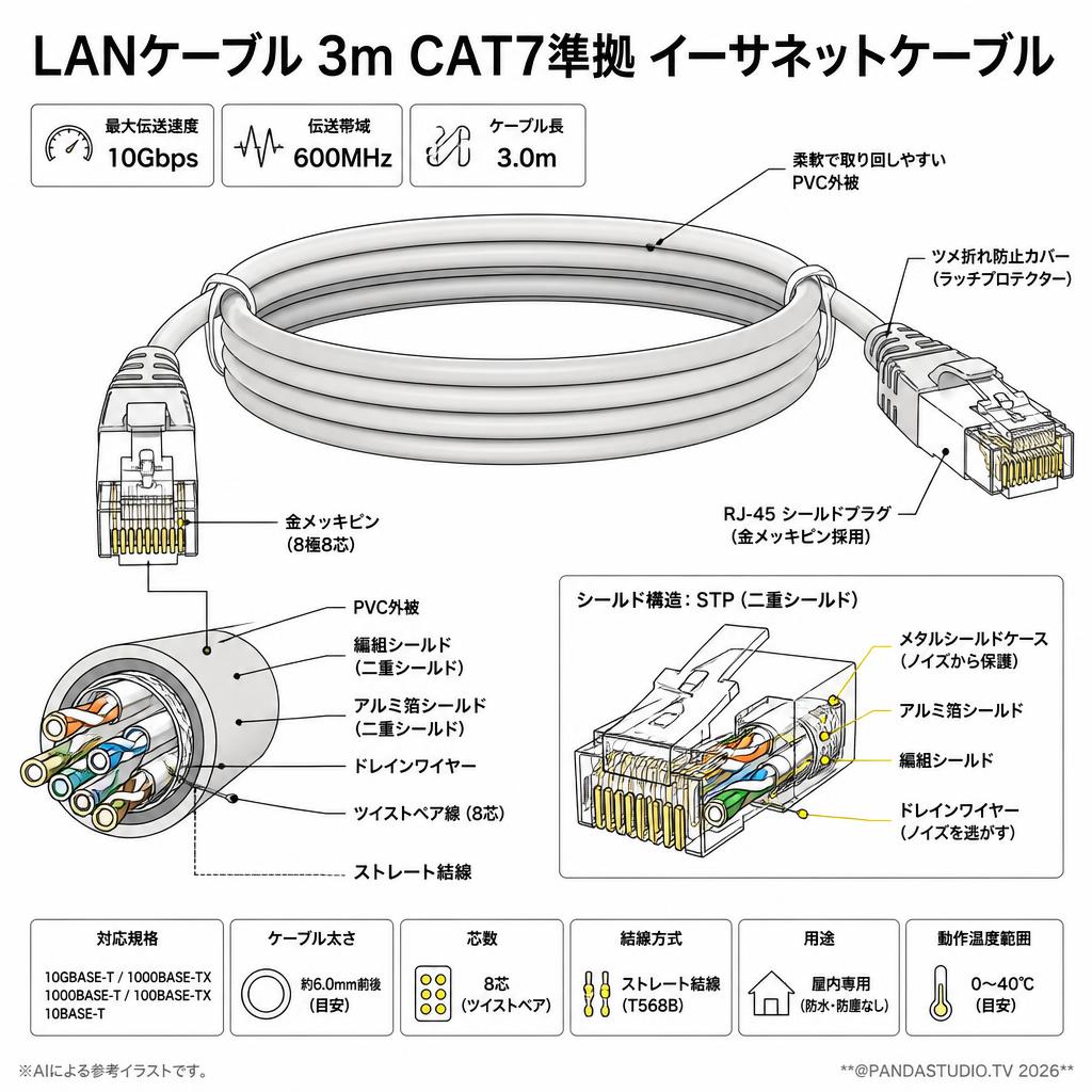 LANケーブル 3m CAT7準拠 イーサネットケーブル スペック