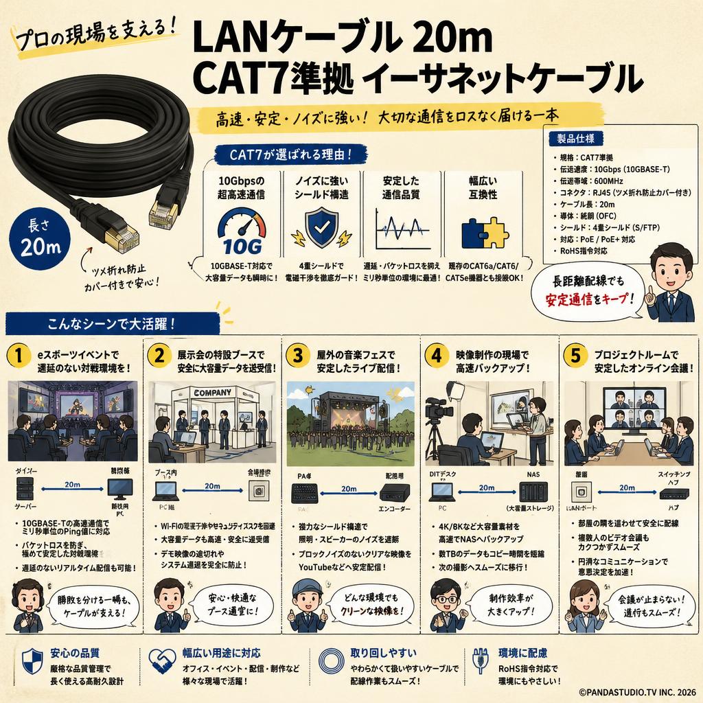 LANケーブル 20m CAT7準拠 イーサネットケーブル 用途