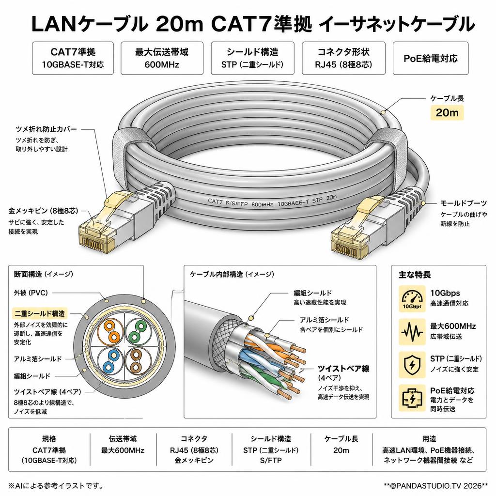 LANケーブル 20m CAT7準拠 イーサネットケーブル スペック