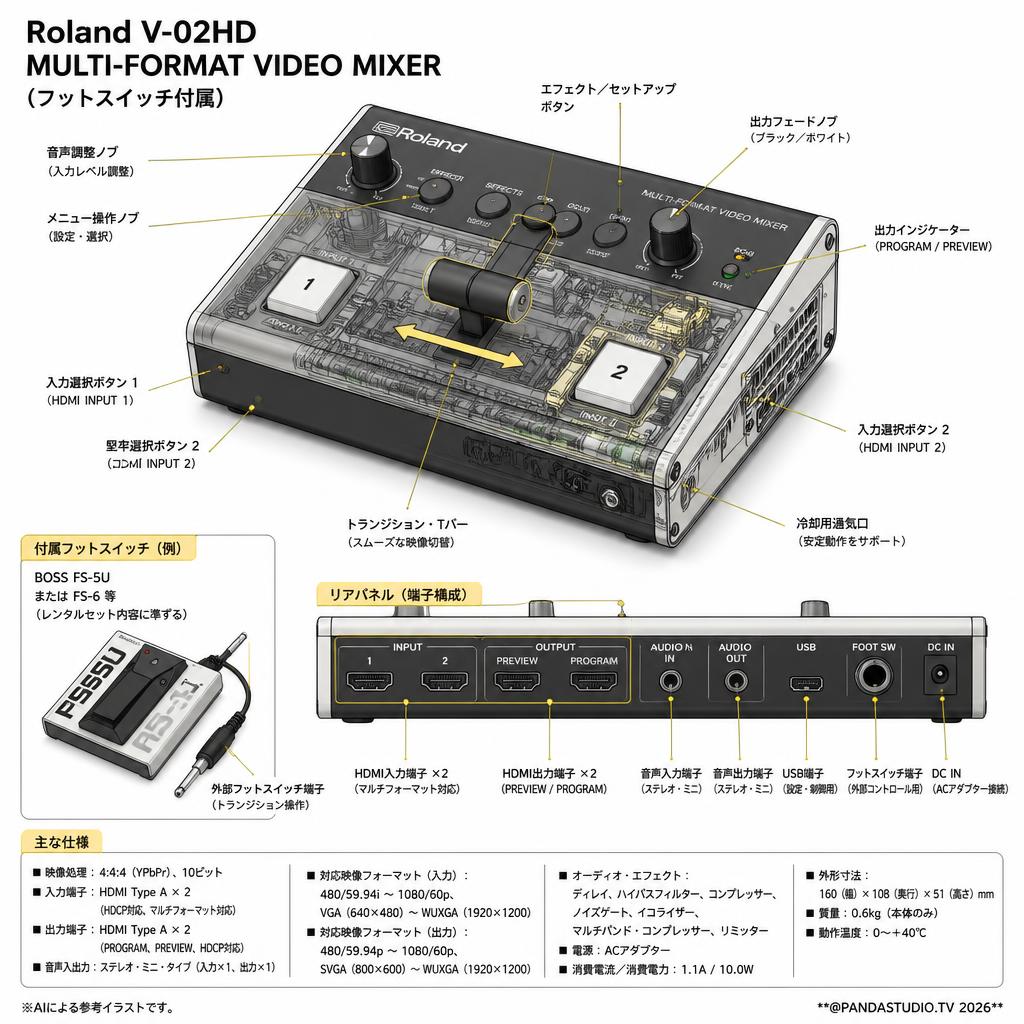 Roland V-02HD MULTI-FORMAT VIDEO MIXER（フットスイッチ付属） スペック