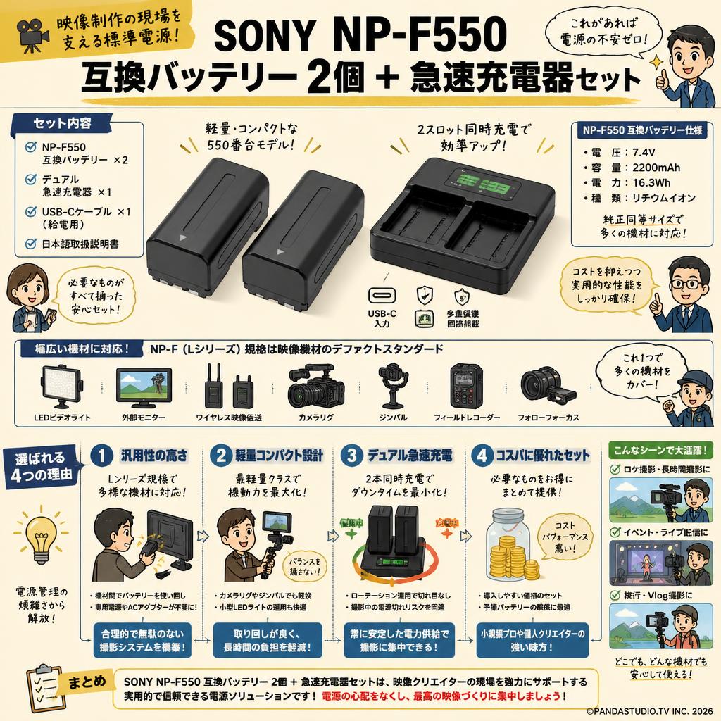 SONY NP-F550 互換バッテリー 2個 ＋ 急速充電器セット 概要