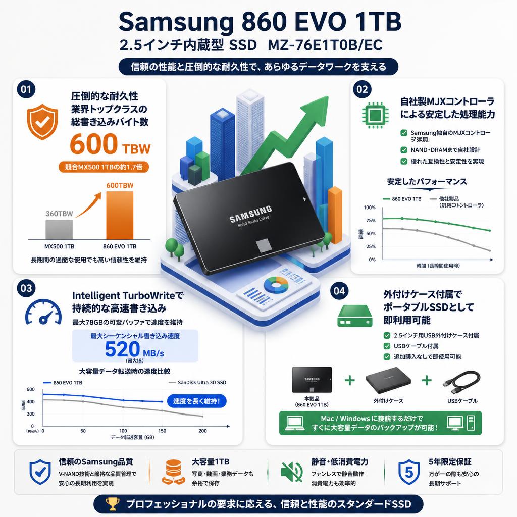 Samsung 860 EVO 1TB  2.5インチ内蔵型 SSDMZ-76E1T0B/EC セールスポイント