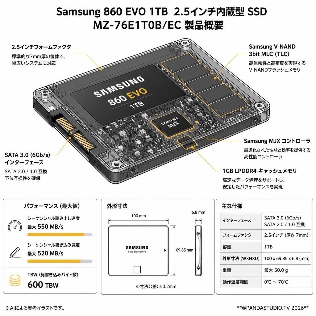Samsung 860 EVO 1TB  2.5インチ内蔵型 SSDMZ-76E1T0B/EC スペック