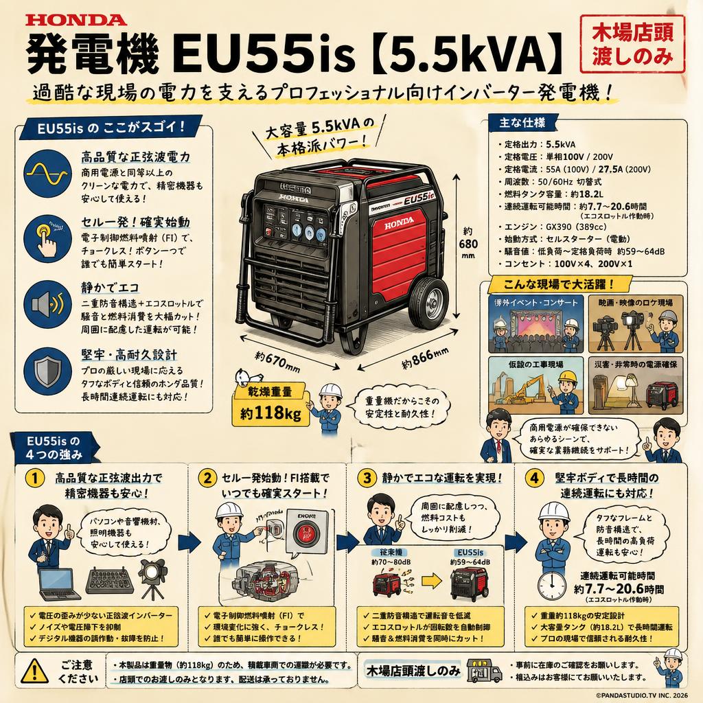 HONDA 発電機 EU55is【5.5kVA】（木場店頭渡しのみ） 概要