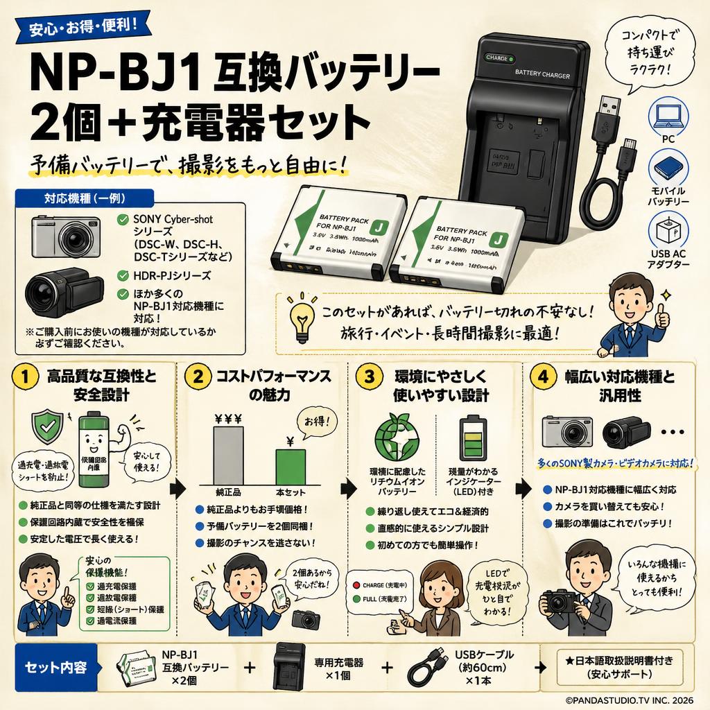 NP-BJ1 互換バッテリー 2個 + 充電器セット 概要