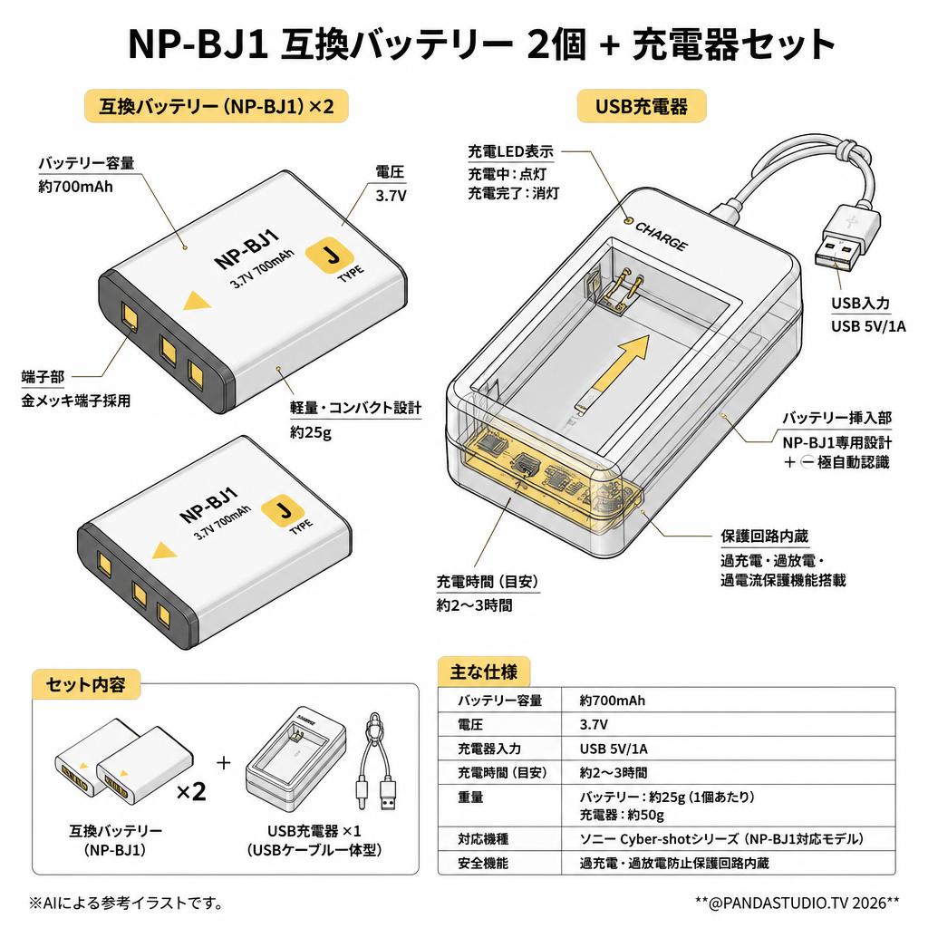 NP-BJ1 互換バッテリー 2個 + 充電器セット スペック