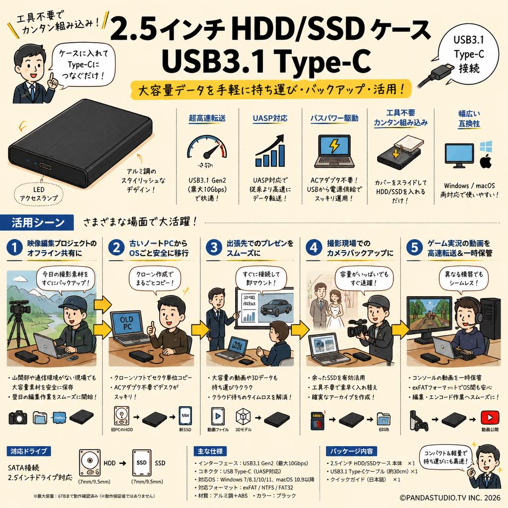 2.5インチ HDD/SSD ケース USB3.1 Type-C 用途