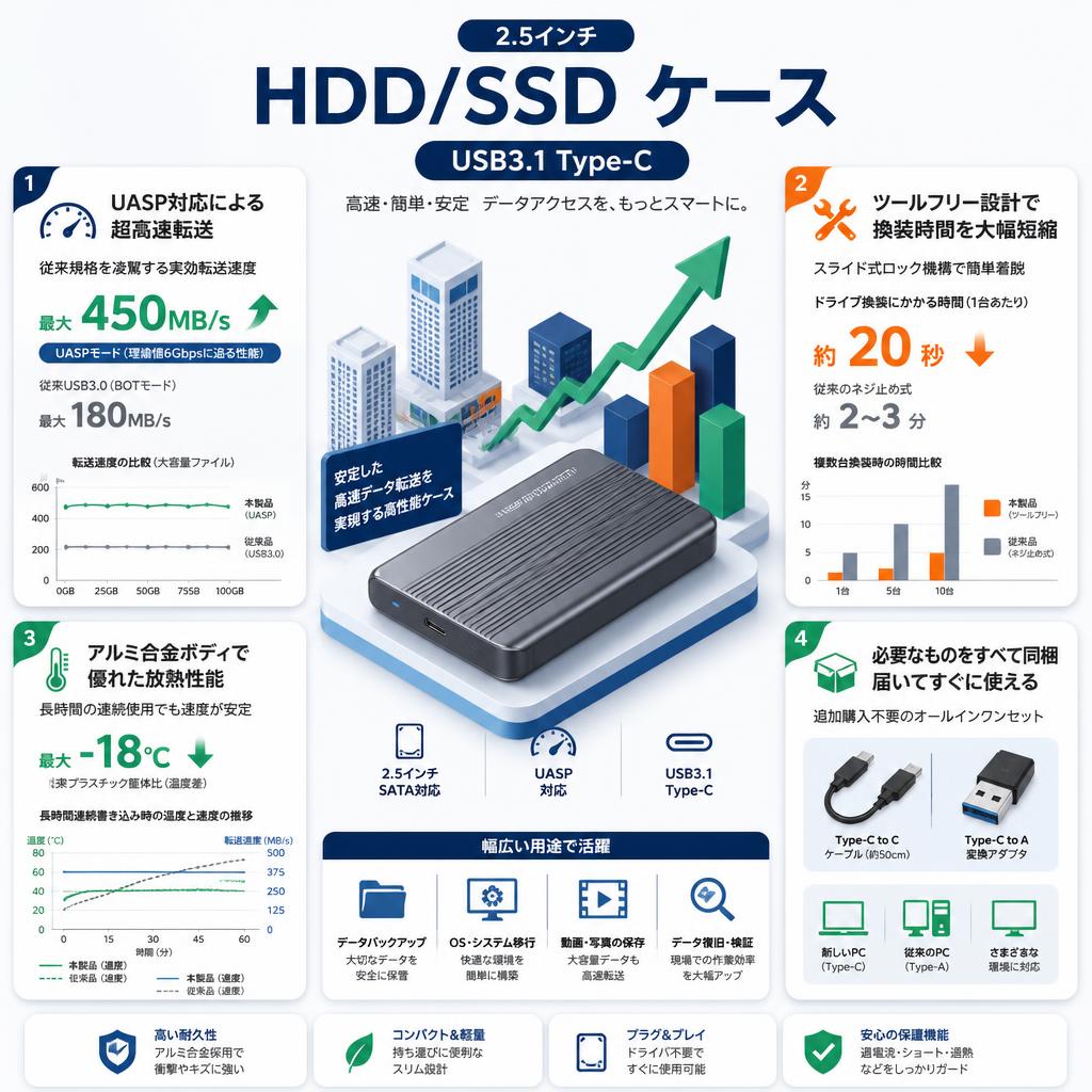 2.5インチ HDD/SSD ケース USB3.1 Type-C セールスポイント