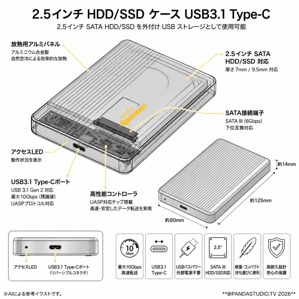 2.5インチ HDD/SSD ケース USB3.1 Type-C スペック