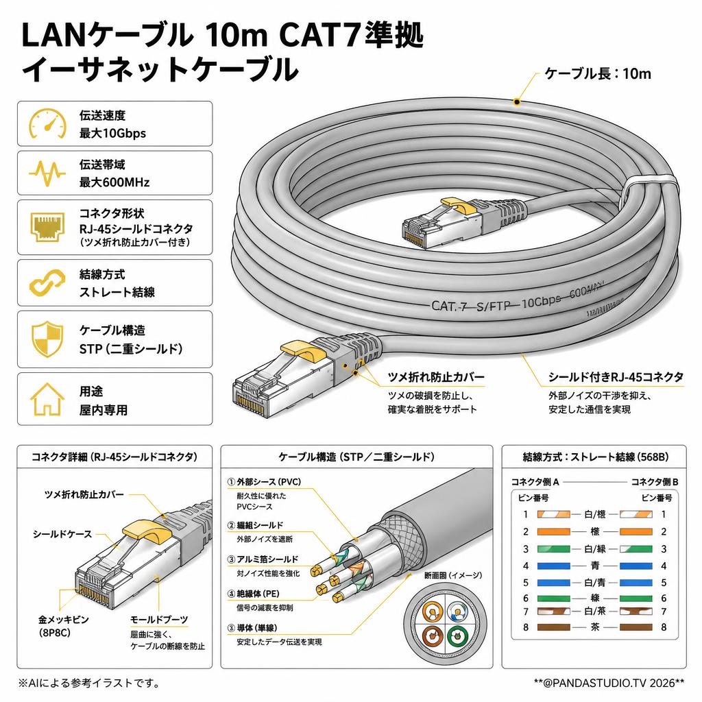 LANケーブル 10m CAT7準拠 イーサネットケーブル スペック
