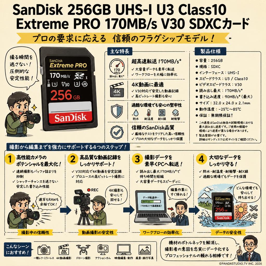 SanDisk 256GB UHS-I U3 Class10  Extreme PRO 170MB/s  V30 SDXCカード 概要