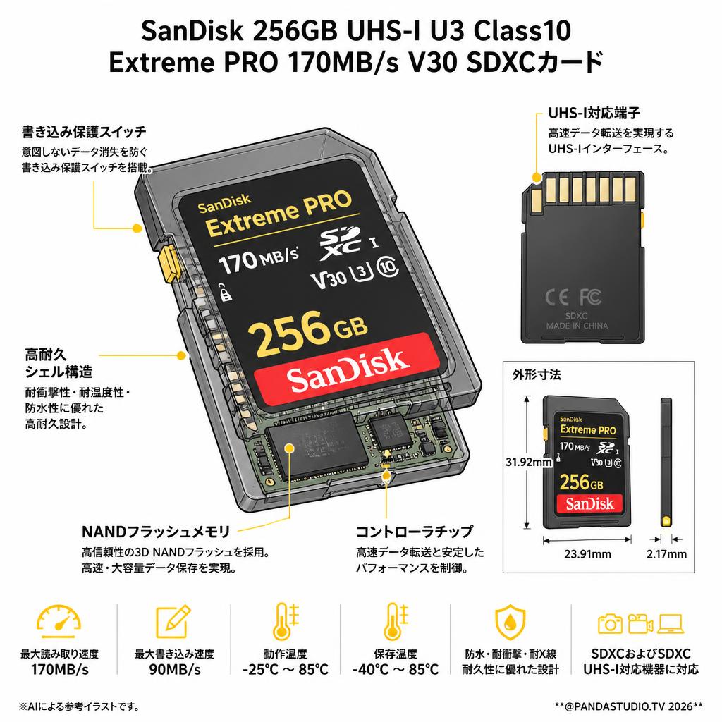 SanDisk 256GB UHS-I U3 Class10  Extreme PRO 170MB/s  V30 SDXCカード スペック