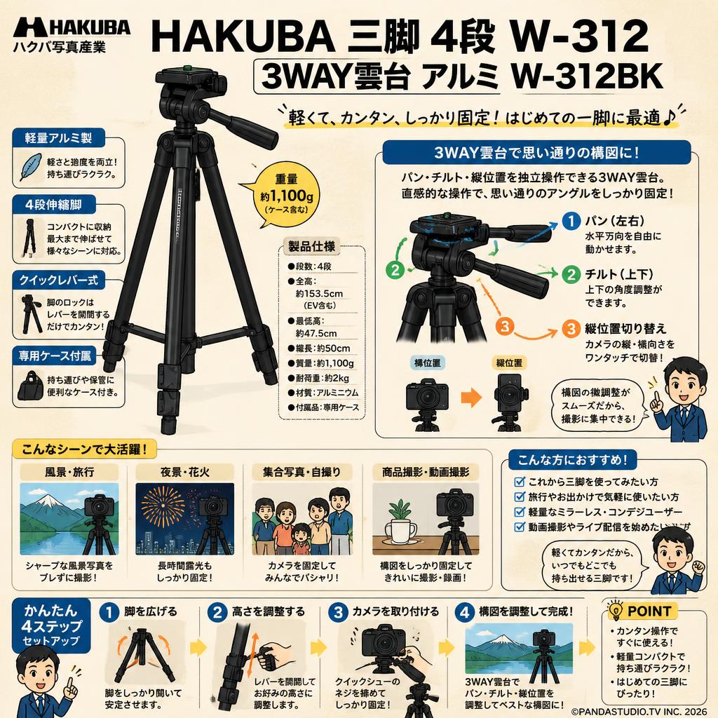 HAKUBA 三脚 4段 W-312 3WAY雲台 アルミ W-312BK 概要