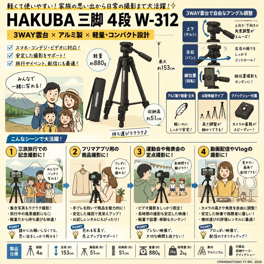 HAKUBA 三脚 4段 W-312 3WAY雲台 アルミ W-312BK おもな対象のお客様