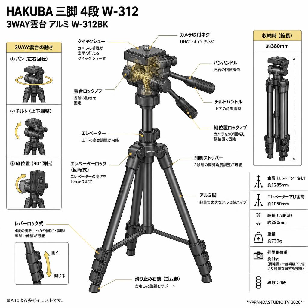 HAKUBA 三脚 4段 W-312 3WAY雲台 アルミ W-312BK スペック