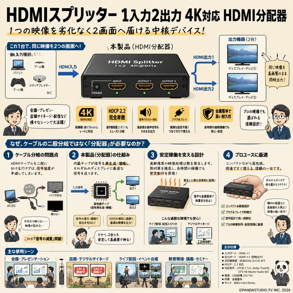 HDMIスプリッター 1入力2出力 4K対応 HDMI分配器 概要
