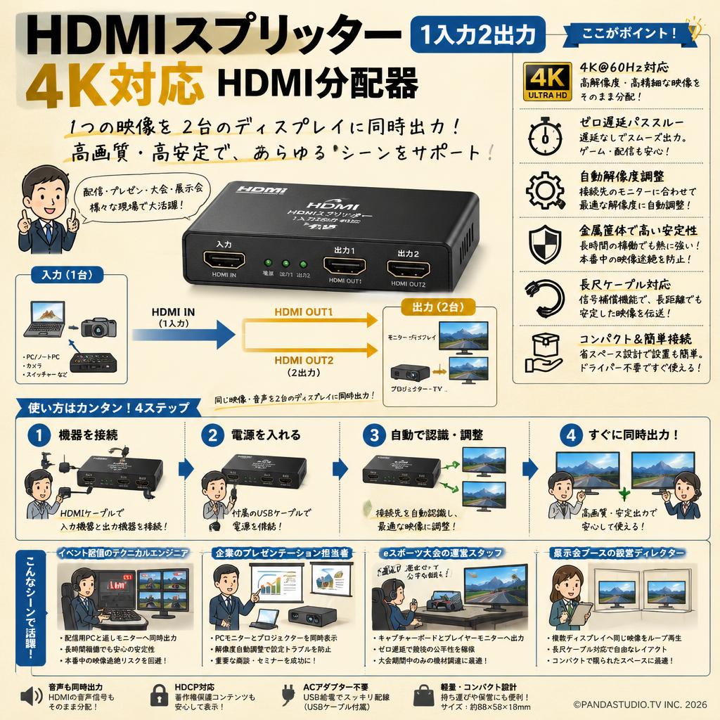 HDMIスプリッター 1入力2出力 4K対応 HDMI分配器 おもな対象のお客様