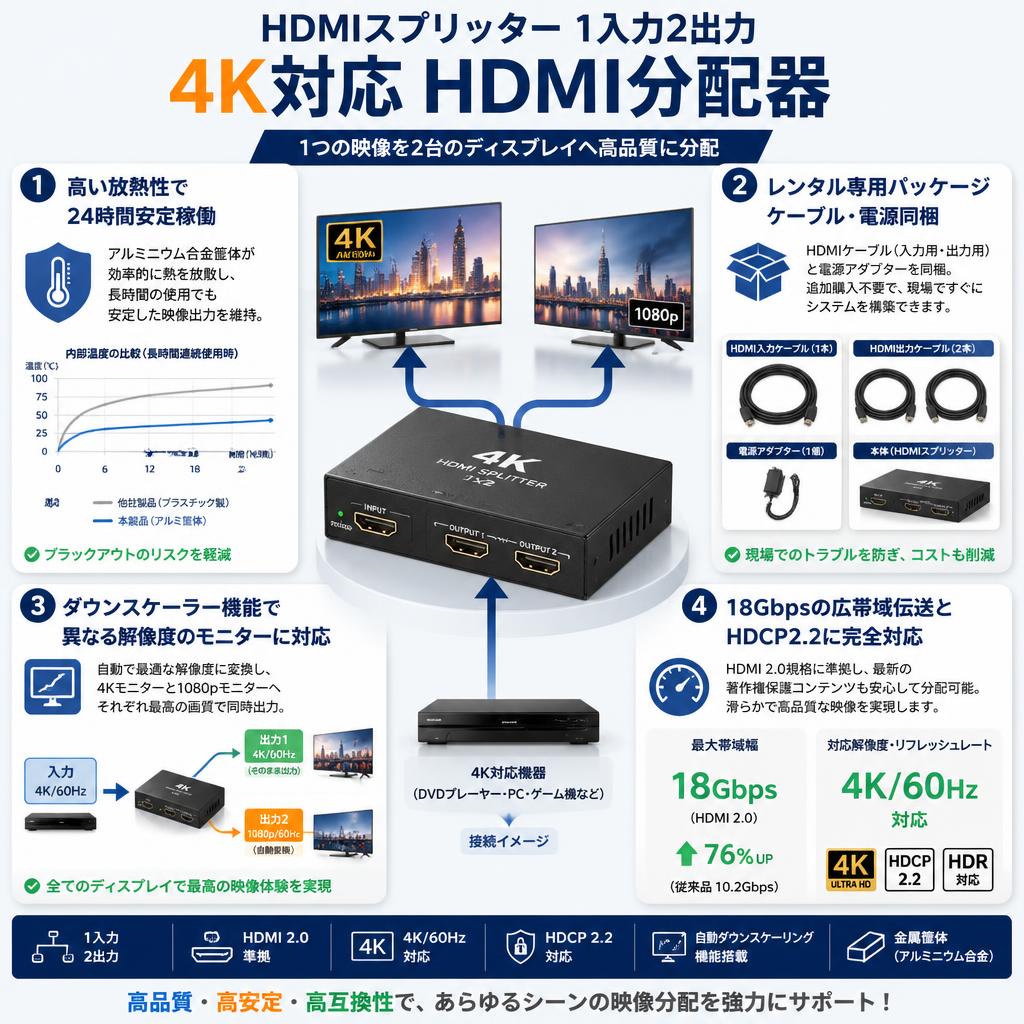 HDMIスプリッター 1入力2出力 4K対応 HDMI分配器 セールスポイント