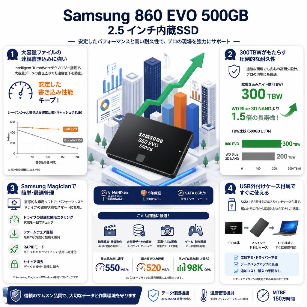 Samsung 860 EVO 500GB  2.5インチ内臓SSD セールスポイント