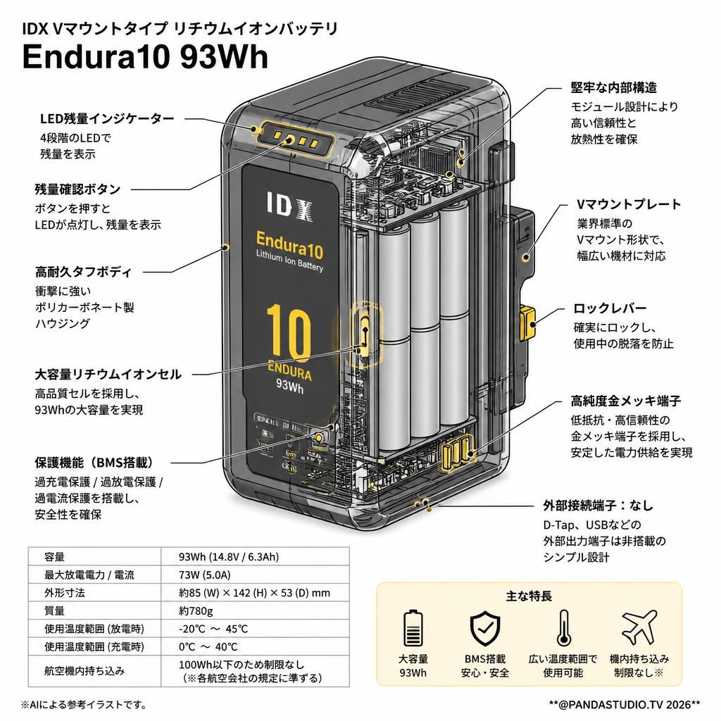 IDX Vマウントタイプ リチウムイオンバッテリ　Endura10 93Wh スペック