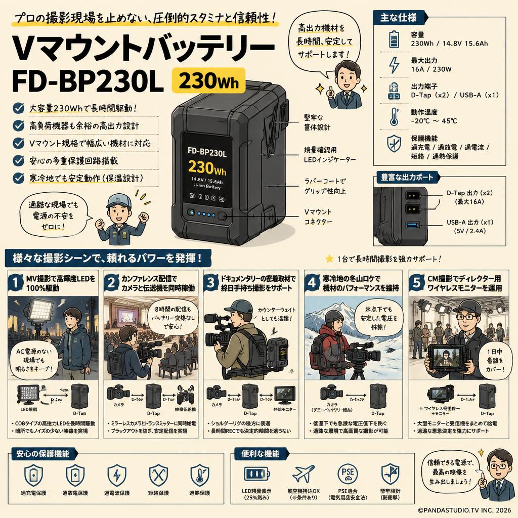 Vマウントバッテリー FD-BP230L  230Wh 用途