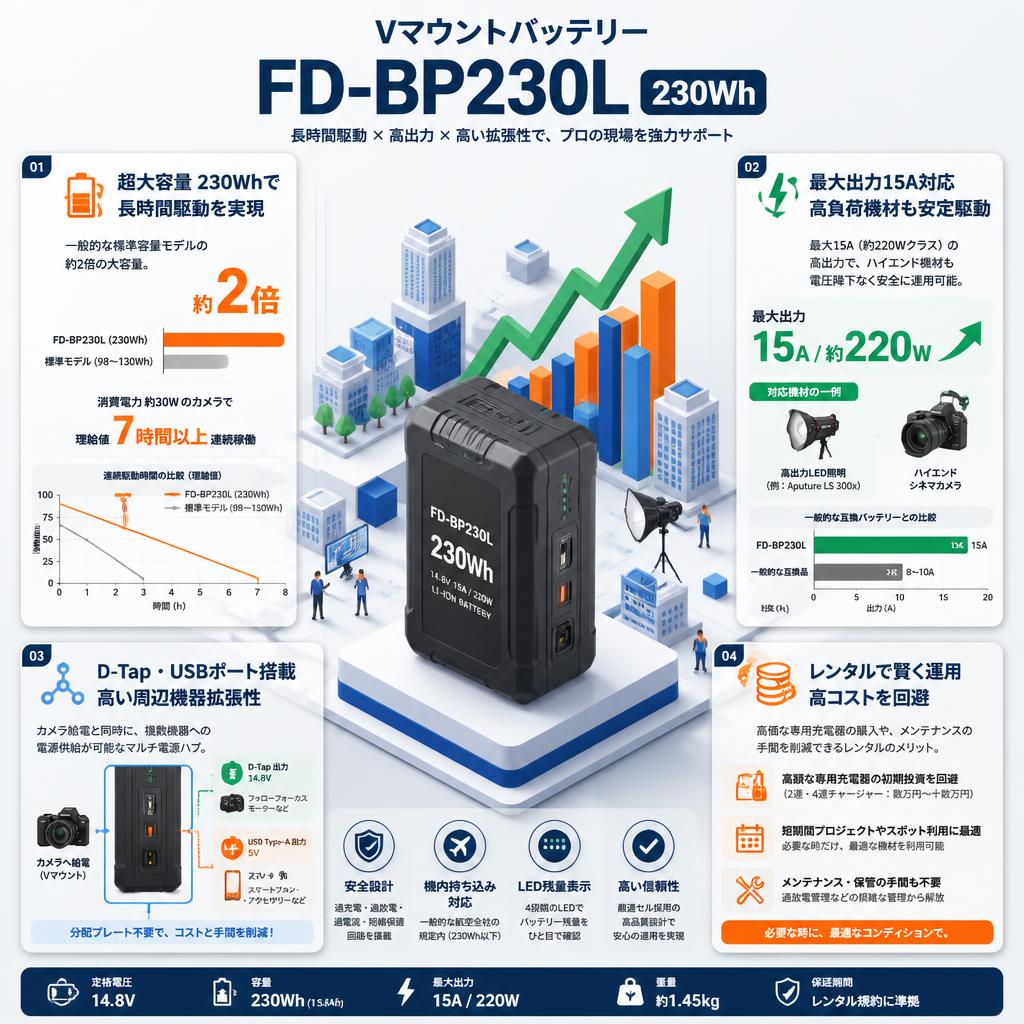 Vマウントバッテリー FD-BP230L  230Wh セールスポイント