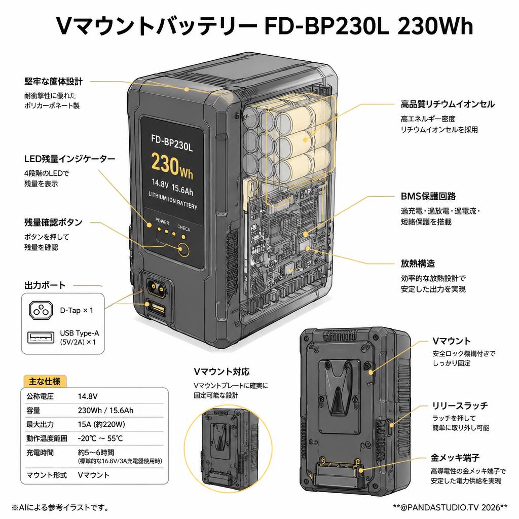 Vマウントバッテリー FD-BP230L  230Wh スペック