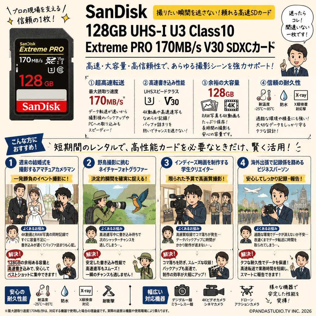 SanDisk  128GB UHS-I U3 Class10  Extreme PRO 170MB/s  V30 SDXCカード おもな対象のお客様