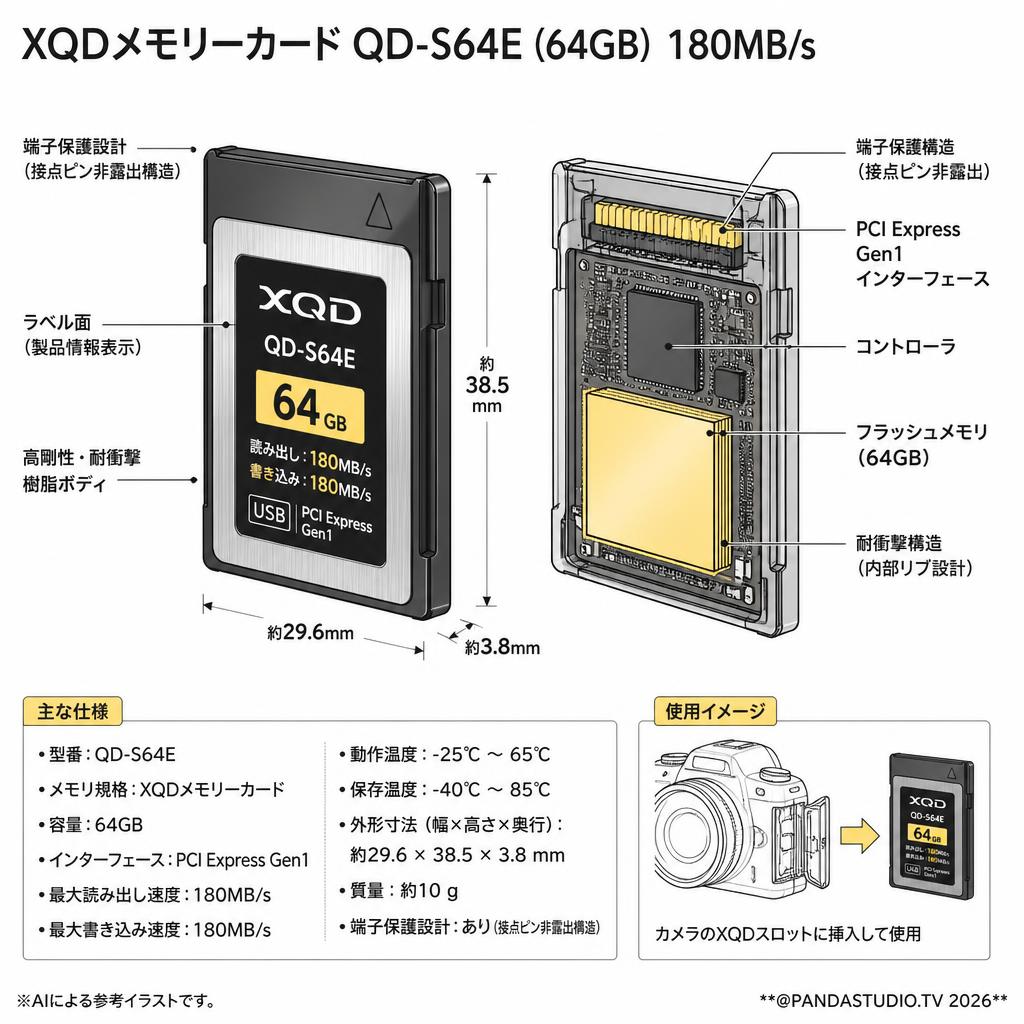 XQDメモリーカードQD-S64E(64GB)　180MB/s スペック